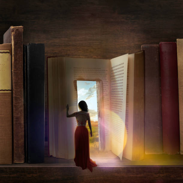 A doorway into a book on a shelf
