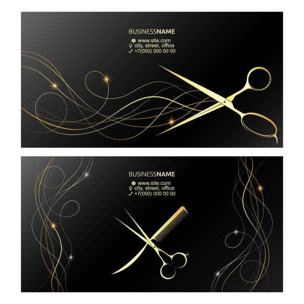 złote nożyczki i loki koncepcji wizytówki włosów - czesać stock illustrations