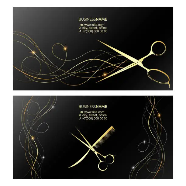 Vector illustration of Gold scissors and curls of hair business card concept
