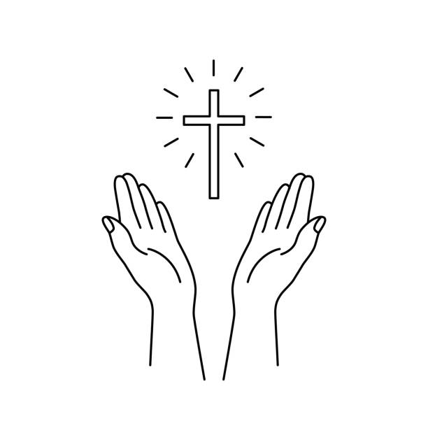 illustrations, cliparts, dessins animés et icônes de mains linéaires levées vers le haut et icône croisée - human hand god applauding praying