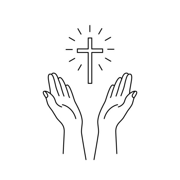 liniowe ręce podniesione do góry i ikona krzyżowa - human hand god applauding praying stock illustrations