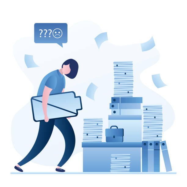 istock White collar worker tired, empty battery. Woman employee overworked. Unhappy female clerk and huge heap of paper documents 1304078036