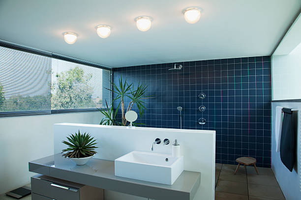 tiled open shower in modern bathroom - bathroom pattern potret stok, foto, & gambar bebas royalti