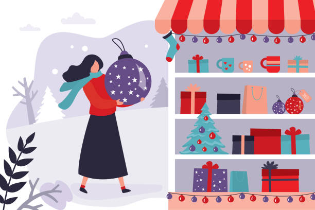 ilustrações de stock, clip art, desenhos animados e ícones de shop window with christmas decorations and gift boxes. female character holding a big christmas tree toy. concept of winter discounts and season sales - christmas shopping store retail