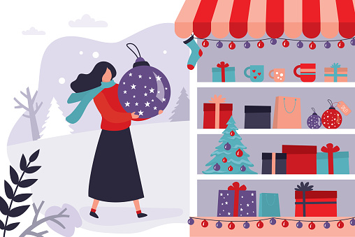 Shop window with Christmas decorations and gift boxes. Female character holding a big christmas tree toy. Concept of winter discounts and season sales. Banner in trendy style. Flat vector illustration