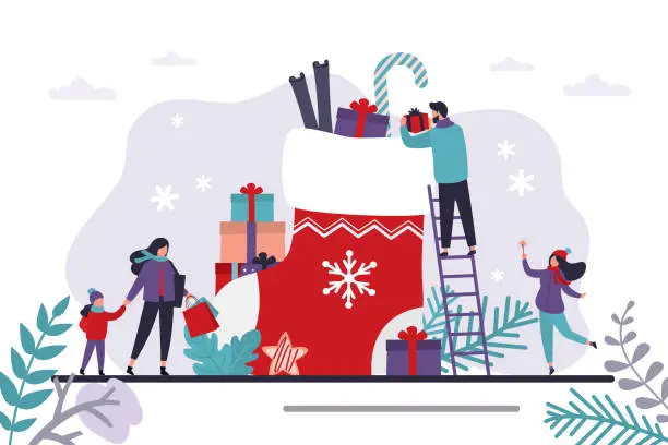 Vector illustration of Happy family, preparation for winter holidays. Xmas eve. Male character puts gifts in big red sock. Concept of christmas gifts and new year celebration.