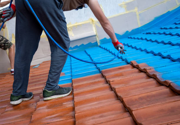 istock Professional covering old roof tiles with protective layer. Before and after, blue and red terracotta. 1304080542