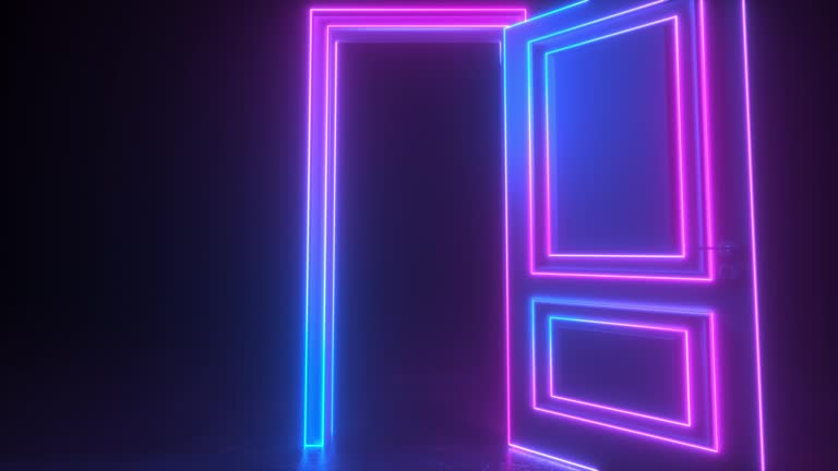 Abstract open door to universe. Lines appear. Cyberpunk neon door background concept. Pink violet neon. Hologram led laser door. Flight forward, entering inside the doorway. 3d animation, 4K