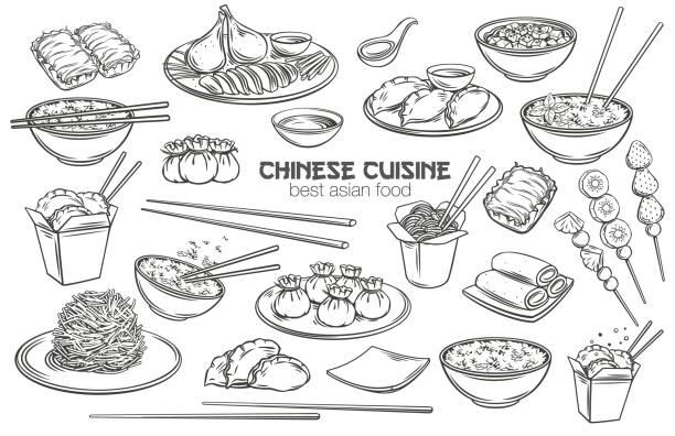 illustrations, cliparts, dessins animés et icônes de graphisme chinois de contour de cuisine - cuisine asiatique