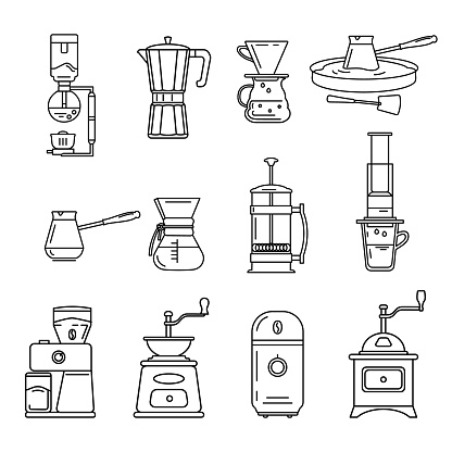 A set of accessories for making coffee. Various coffee grinders. Vector outline icons