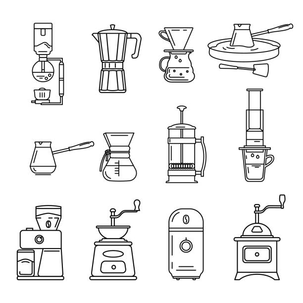 A set of accessories for making coffee. Various coffee grinders. Vector outline icons. A set of accessories for making coffee. Various coffee grinders. Vector outline icons coffee grinder stock illustrations