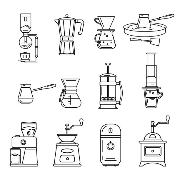 Vector illustration of A set of accessories for making coffee. Various coffee grinders. Vector outline icons.