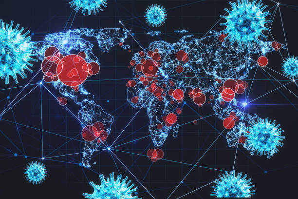 istock Digital world map of spreading covid-19 virus by countries and coronavirus molecules connected by glowing lines and red dots 1304087325