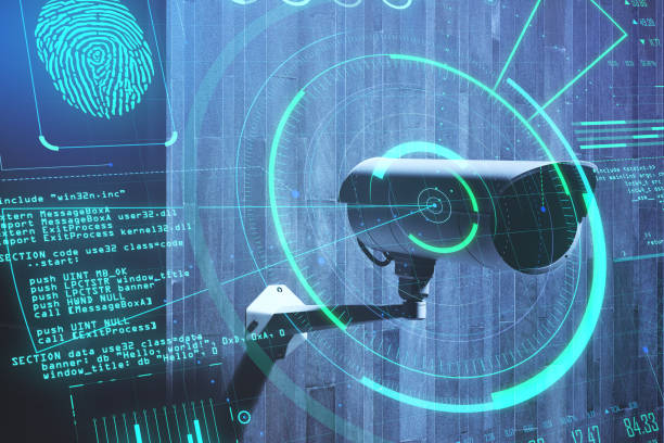 personal data security concept with digital screen with fingerprint, digital code and radar at cctv camera background - espião imagens e fotografias de stock