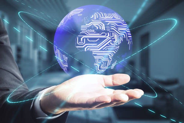 istock Global network connection concept with digital earth planet, microcircuit world map and glowing rings above businessman hand 1304087370