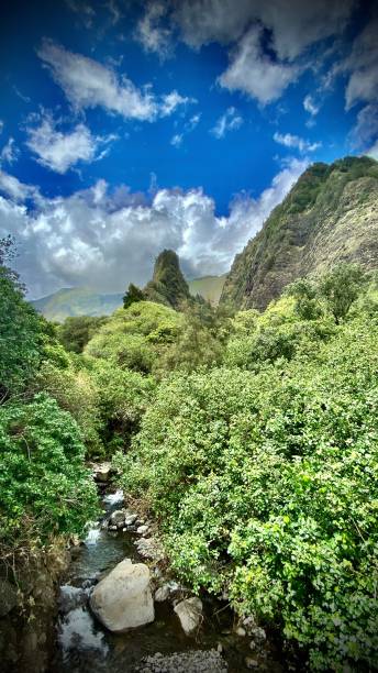 the ‘īao needle and the kinihapai stream - maui iao valley state park hawaii islands mountain imagens e fotografias de stock