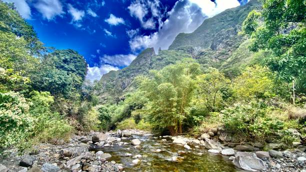 flowing ‘īao stream over rounded rocks with blue skies and white clouds / wide angle view - maui iao valley state park hawaii islands mountain imagens e fotografias de stock