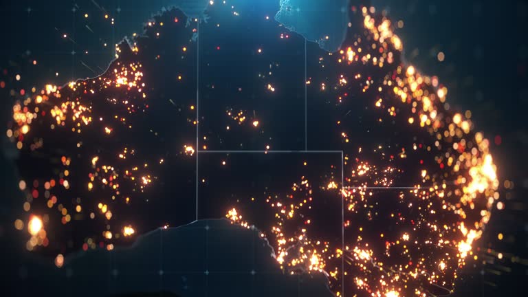 Night Map of Australia with City Lights Illumination. 3D render