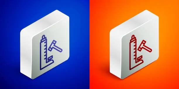 Vector illustration of Isometric line High striker attraction with big hammer icon isolated on blue and orange background. Attraction for measuring strength. Amusement park. Silver square button. Vector