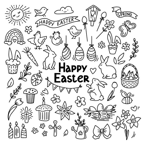 Hand drawn doodle easter elemetns isolated on white. Basket with colored eggs, bunny, carrot, tulips, glazed cake, candle, chick. Vector illustration. Hand drawn doodle easter elemetns isolated on white. Basket with colored eggs, bunny, carrot, tulips, glazed cake, candle, chick. Vector illustration. Design for coloring book, greeting card, print. easter drawings stock illustrations