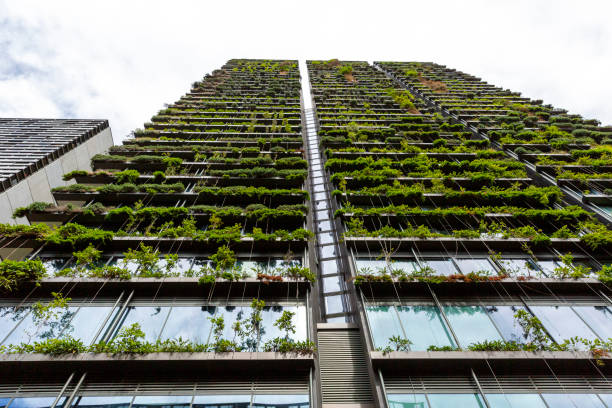 istock Low angle view of appartment building with vertical garden, background with copy space 1304094091