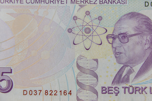 Macro shot of the five turkish lira banknote