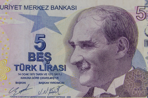 Macro shot of the five turkish lira banknote