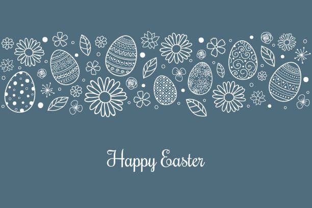 ilustraciones, imágenes clip art, dibujos animados e iconos de stock de feliz pascua. diseño de tarjeta simple con huevos y flores. vector - easter background