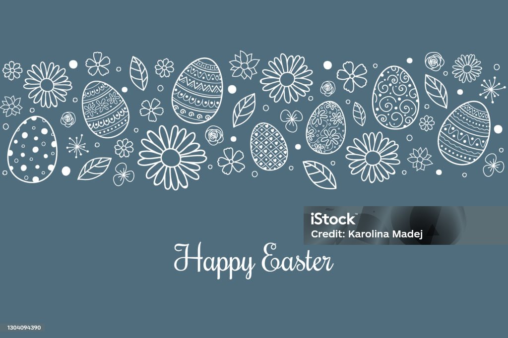 Wesołych Świąt. Projekt prostej karty z jajkami i kwiatami. Wektor - Grafika wektorowa royalty-free (Wielkanoc)