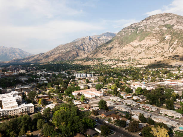 Aerial view of Provo City, Utah Aerial view of Provo City, Utah, Y Mountain, Brigham Young University, and surrounded neighborhoods provo stock pictures, royalty-free photos & images