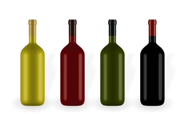 Vector illustration of Colorful naturalistic closed 3D wine bottle of different colors without label. Vector Illustration