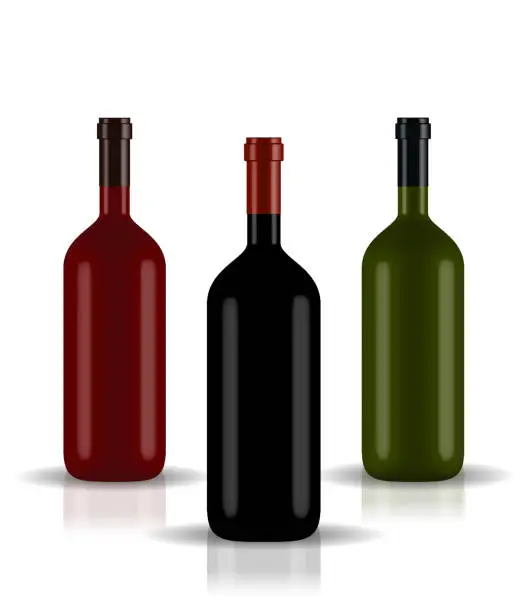 Vector illustration of Red, Green, Black naturalistic closed 3D wine bottle of different colors without label. Vector Illustration