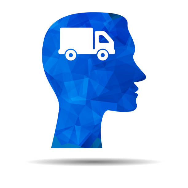 ilustrações, clipart, desenhos animados e ícones de ícone de design do triângulo azul com cabeça humana, cérebro e caminhão. abst - vector brain www ideas