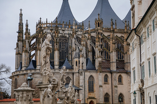 St. Barbara's Church, Unique gothic Cathedral and Former Jesuit College, gallery with baroque statues at Barborska street in winter, Kutna Hora, Central Bohemia, Czech Republic, January 23, 2021