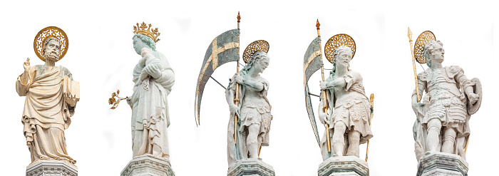 Set of original ancient top roof sculptures of symbol of Venice at the Piazza San Marco isolated at white background, Venice, Italy, closeup, details