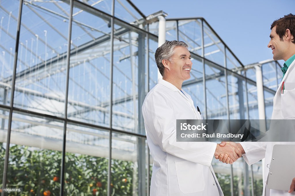 Cientistas do lado de fora do efeito de estufa, apertando as mãos " - Foto de stock de 25-30 Anos royalty-free