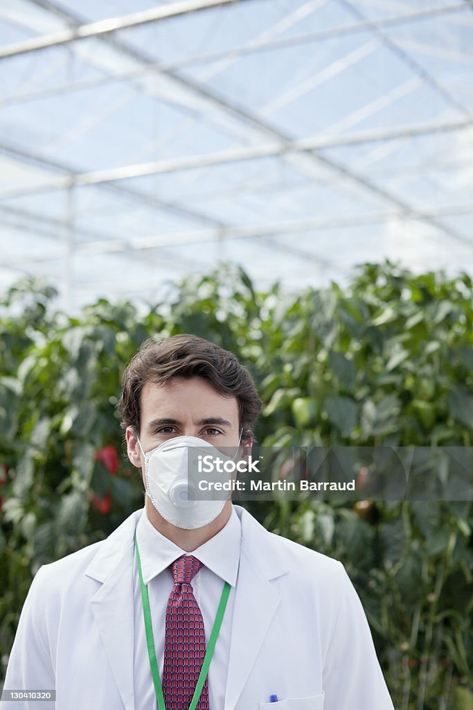 Científico usando la máscara en invernáculo - Foto de stock de Científico libre de derechos