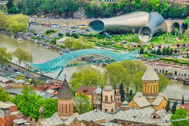 Old and new architecture in downtown Tbilisi, Georgia as seen from above.