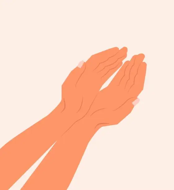 Vector illustration of Two hands showing or holding something on top view. Female or male open hands up. Two hands reaching out for help. Isolated Vector illustration. Opening empty handful and lifting them up for help