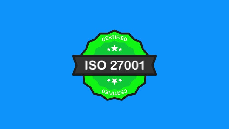 ISO 27001 Certified badge Certification green Stamp icon in flat style on white background. Motion graphic.