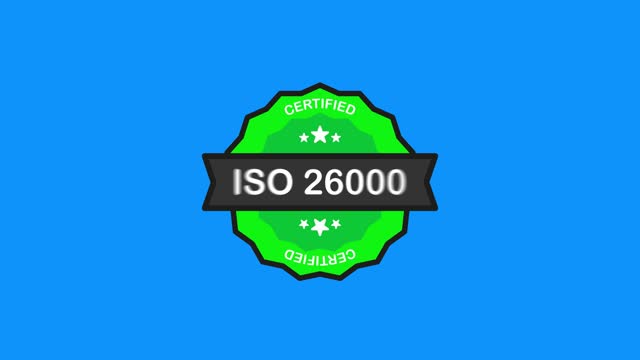 ISO 26000 Certified badge Certification green Stamp icon in flat style on white background. Motion graphic.