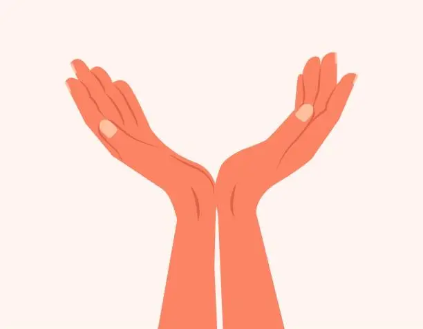 Vector illustration of Two hands showing or holding something. Female or male open hands up. Two hands reaching out for help. Isolated Vector illustration. Opening empty handful and lifting them up for help