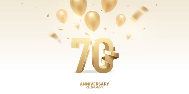 70th Anniversary Celebration Background 70th Anniversary celebration background. 3D Golden numbers with golden bent ribbon, confetti and balloons. 70th stock illustrations