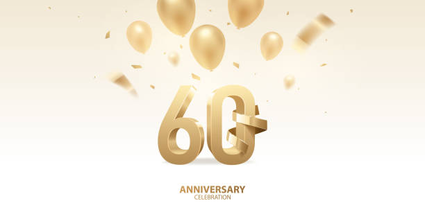 60th Anniversary Celebration Background 60th Anniversary celebration background. 3D Golden numbers with golden bent ribbon, confetti and balloons. number 60 stock illustrations