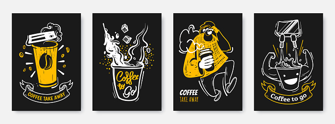 Coffee to go illustration collection in hand drawn style. Coffee take away creative posters design. White, black and yellow colours. Ideal for print, wall decoration, cafe, flyer, menu, promo.