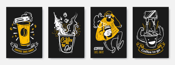 Coffee to go illustration collection in hand drawn style. Coffee take away creative posters design. White, black and yellow colours. Ideal for print, wall decoration, cafe, flyer, menu, promo. Coffee to go illustration collection in hand drawn style. Coffee take away creative posters design. White, black and yellow colours. Ideal for print, wall decoration, cafe, flyer, menu, promo. barista stock illustrations