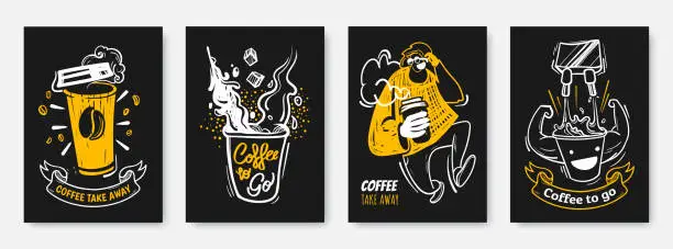Vector illustration of Coffee to go illustration collection in hand drawn style. Coffee take away creative posters design. White, black and yellow colours. Ideal for print, wall decoration, cafe, flyer, menu, promo.