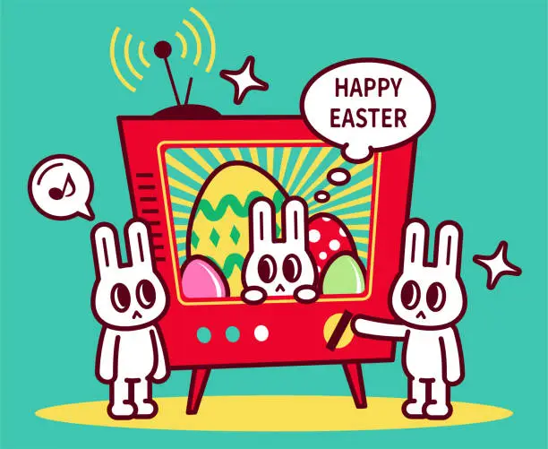 Vector illustration of Happy Easter Bunny turning on the TV and watching Easter TV shows