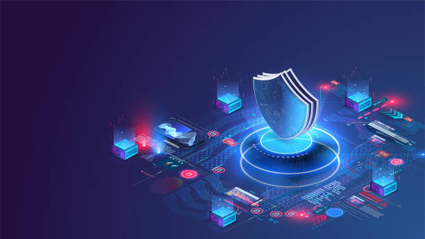 Network data security isometric. Online server protection system concept with data center or blockchain. Data secure. Web crime or virus attack. Symbol of protection. Hacking concept. Vector Network data security isometric. Online server protection system concept with data center or blockchain. security staff stock illustrations