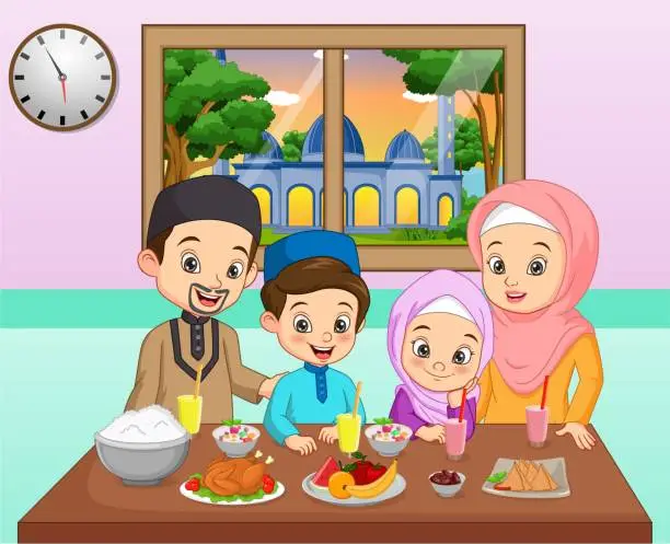 Vector illustration of Cartoon happy Muslim family celebrating in Iftar party